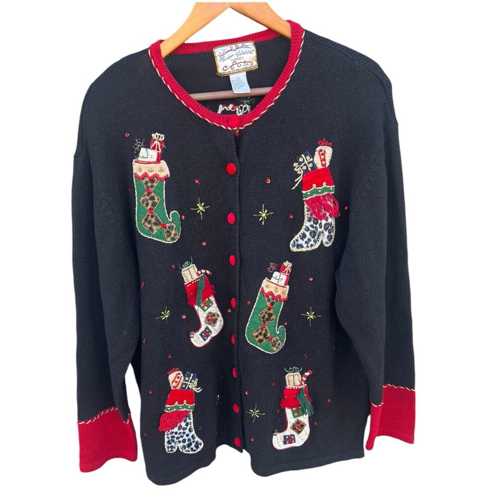 Vintage 2003 Heirloom Collectibles Christmas Stockings Cardigan Size 2X Sweater
